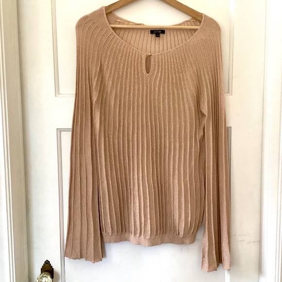 APT. 9 Metallic Champagne Gold Ribbed Lace Sweater L Bell Sleeve Holiday Party - Picture 12 of 12